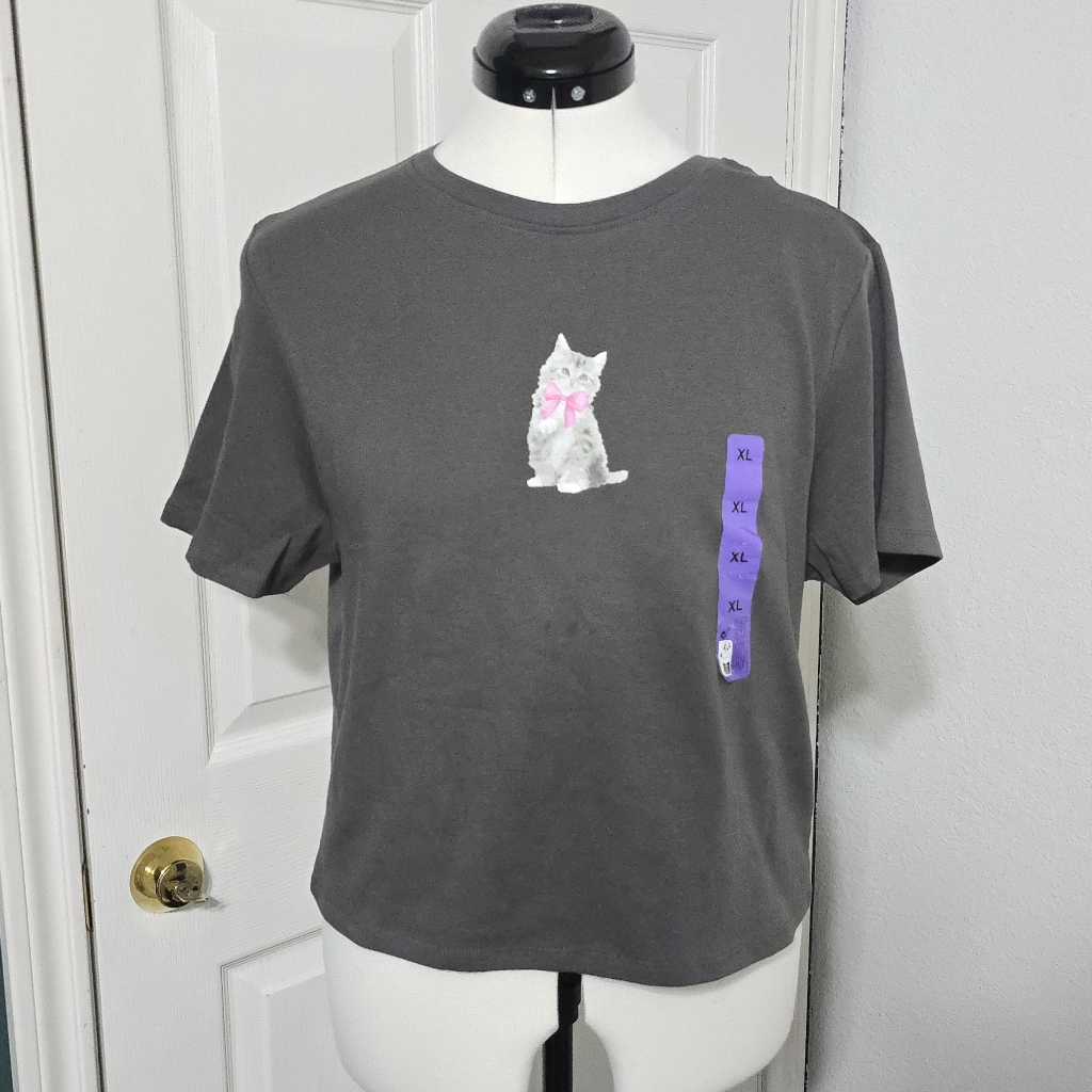 Nwt Primark Gray Cat Graphic Tee Shirt Size Xl Pink Bow